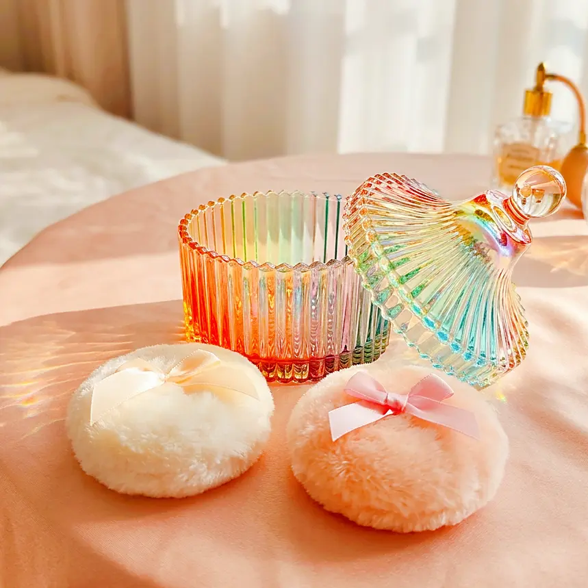 Luxury Iridescent Crystal Glass Powder Puff Jar Set with Puff, Dusting Powder Jar for Women, Body Powder Container, Powder Puff Holder, Makeup Vanity Organizer, Cosmetic Storage Organizer, Crystal Vanity Decor