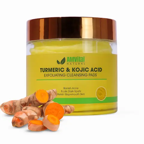 AMVital Turmeric Brightening Cleansing Pads with Kojic Acid & Lemon - Daily Skin Cleanser, Exfoliating Cleanser for Adults, Acne Clearing Products, Dark Spots, Hyperpigmentation & Even Skin Tone