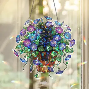 Black Cat Hologram Acrylic Suncatcher, Floral Window Hanging