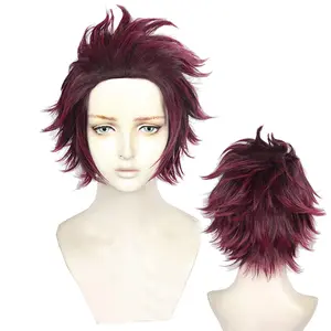 High Temperature Fiber Men and women For male Party Halloween Kimetsu no Yaiba short  wigs synthetic (Kamado Tanjirou)