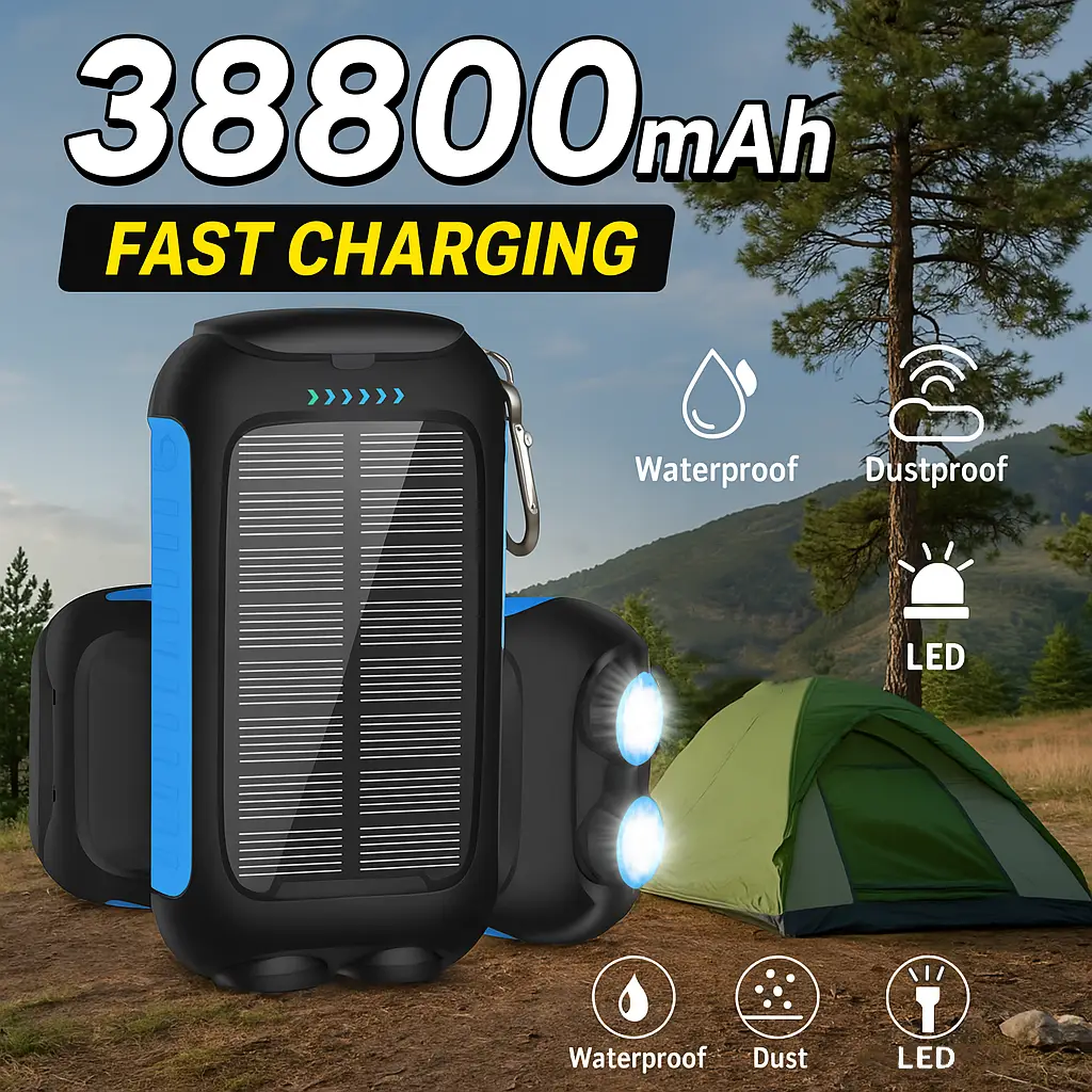 Solar Charger Power Bank ,portable charger with fast USB-C charging, dual LED flashlights, solar panel and waterproof design, perfect for outdoor use