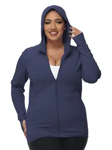 Plus Size Solid Zip Up Hooded Rashguard, Long Sleeve Sun Protection Outerwear for Women, Women's Sportswear for Indoor Outdoor Wear（gift）