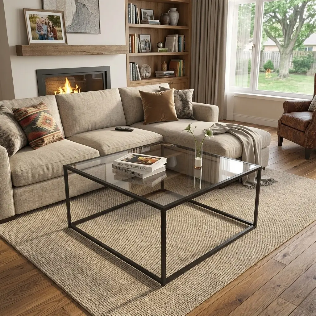 26.4" Square Tempered Glass Coffee Table - 6mm Explosion-Proof Transparent Top, Sturdy Metal Frame, 150LBS Capacity, Easy Setup & Cleaning, Open Storage Space-Saving Furniture for Living Room