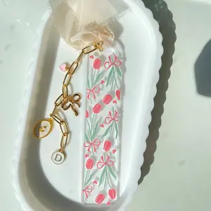 Tulip Bow Acrylic Bookmark with Floral Design, Optional Charm - Personalized Accessory for Book Organization