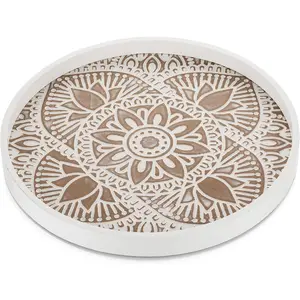 Decorative Round Serving Tray: Farmhouse Coffee Table Decor Boho White Mandala Trays for Living Room Kitchen Bathroom Display