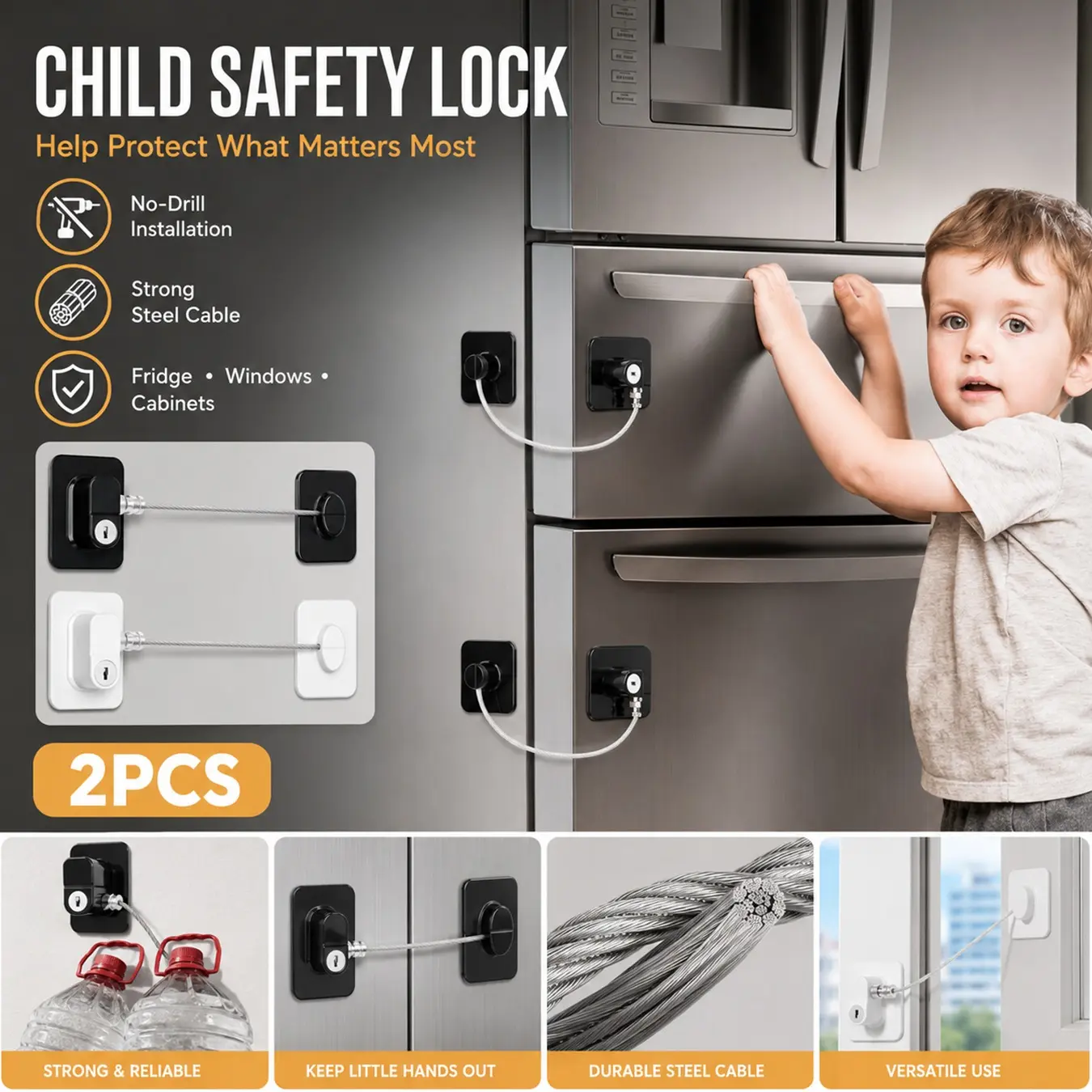 2 Pack Child Proof Refrigerator Locks with Keys, No-Drill Adhesive Baby Safety Cabinet Locks, Multi-Use Strong Cable Door Locks for Fridge Freezer Windows Drawers Cabinets, Pet Proof Home Kitchen Protection for Toddlers Kids Easy Install