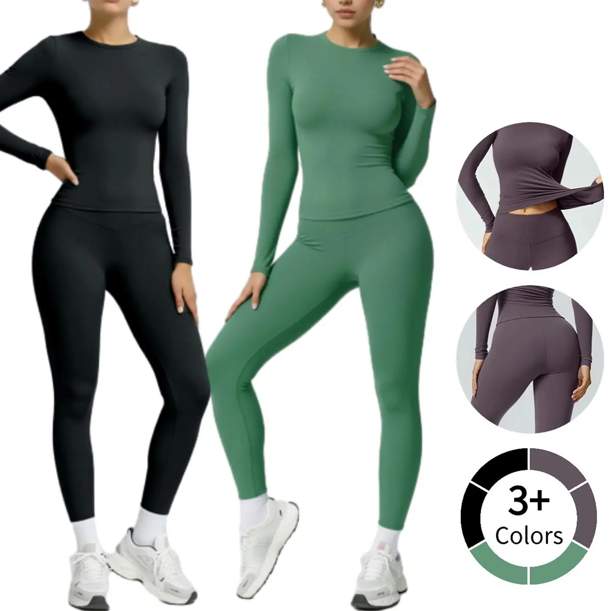 Women's 2-Piece Long Sleeve Yoga Set - Slim Fit Top & Elastic High-Waist Jogger Leggings, Breathable Quick-Dry Compression Activewear Clothing, Athletic Tracksuits, Casual Activewear, Sweatsuit Matching Set for Workout, Fitness Sportswear Set
