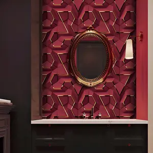 A roll of red background gold border pattern grid line shaped wallpaper, waterproof and moisture-proof self-adhesive wallpaper, suitable for home living room, bedroom, kitchen, bathroom wall renovation decoration