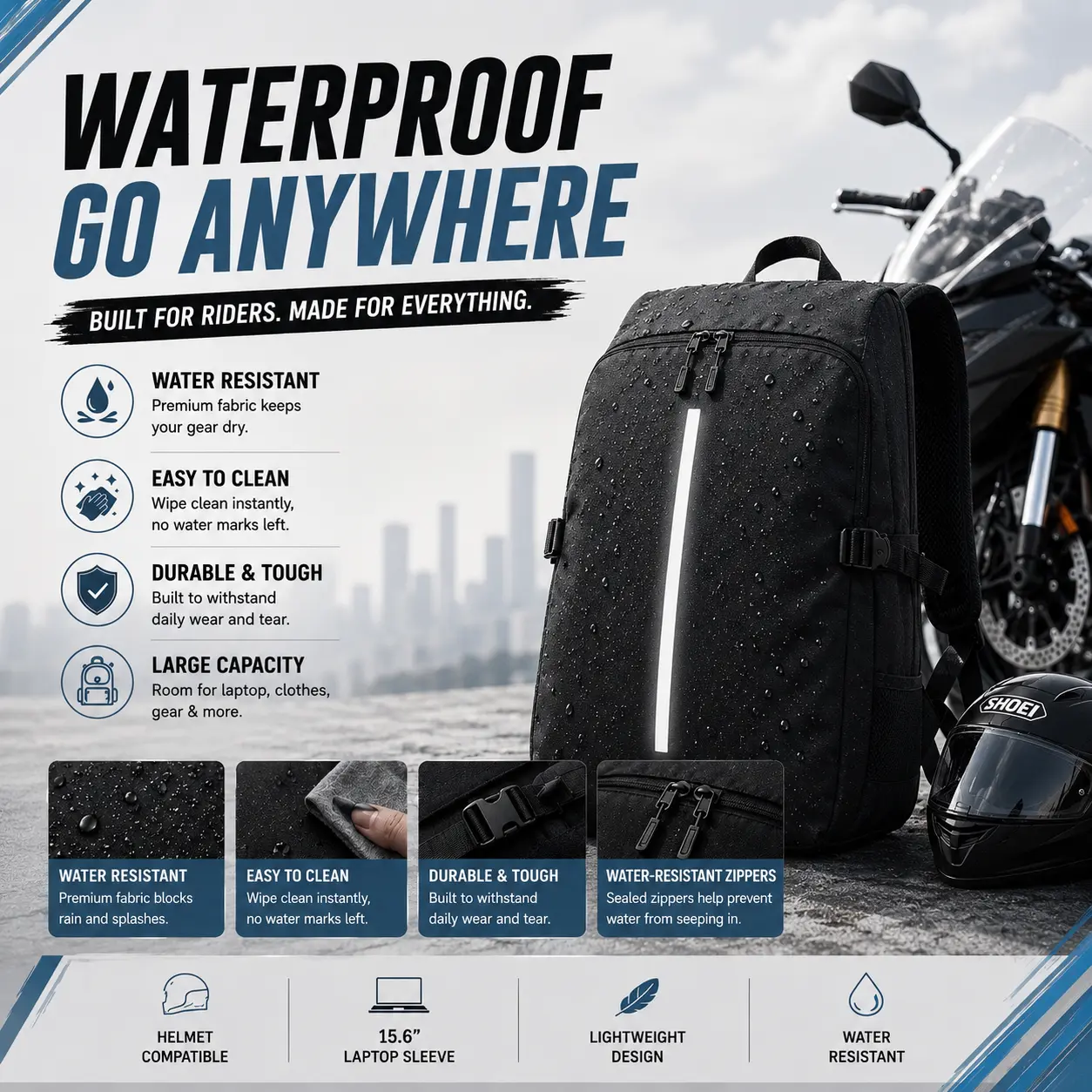 Motorcycle Backpack with Safety Reflective Strips Anti-Theft Zippers Large Capacity Main Compartment & Independent Helmet Storage Ideal for Long-Distance Riders