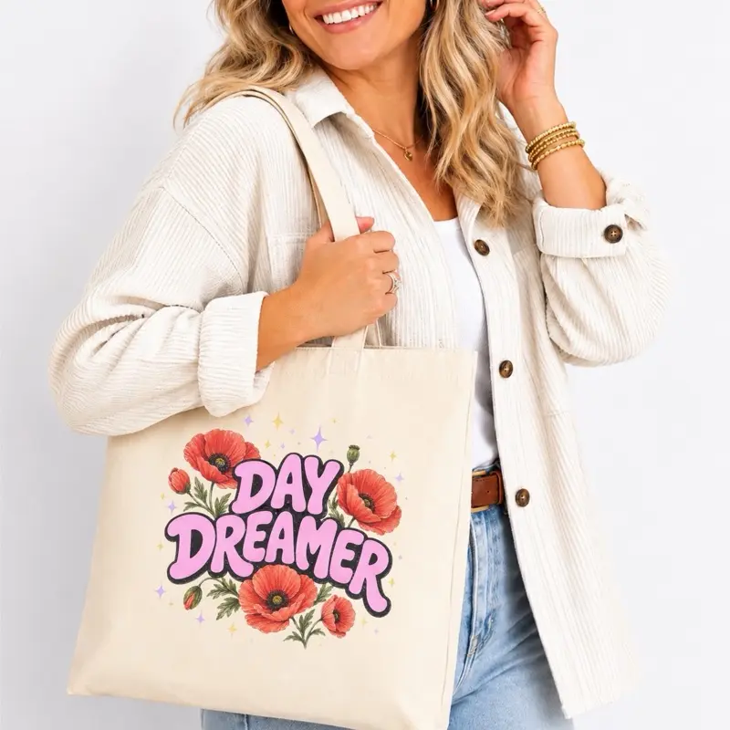 Day Dreamer | Women's Reusable Cotton Day Dreamer Tote Bag - Lightweight, Mom Lettering Print, Pink Retro Design