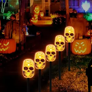 LAMPHOME Halloween Pathway Lights Outdoor, 5PCS Skull Halloween Decorations Outdoor Yard, Pathway Marker Stake Lights for Patio Ground Path Sidewalk Walkway Driveway