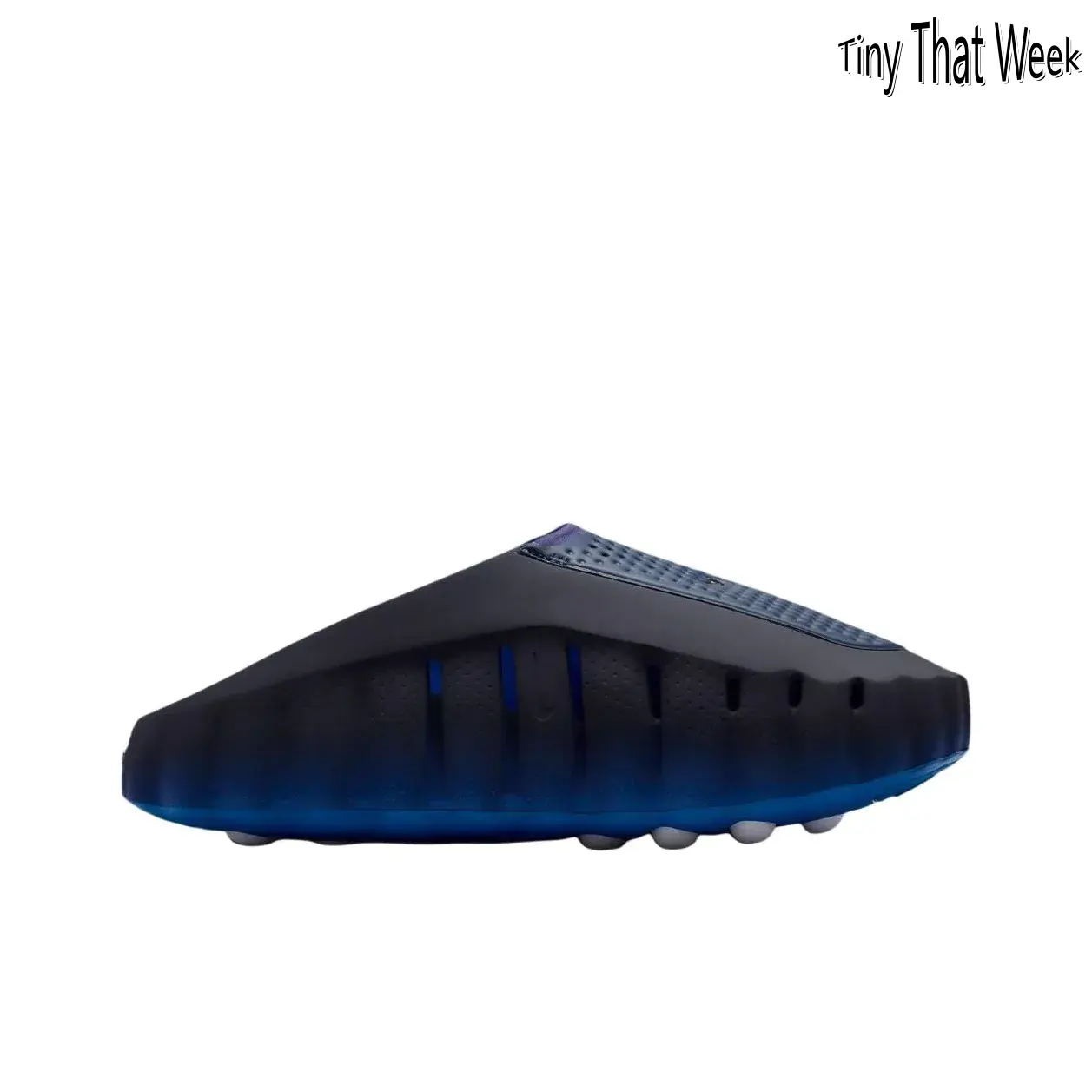 Black-Blue Gradient Mule Slides, Gold Accent, Silver-Grey Cushioning Massage Outsole, Perforated Upper, Futuristic Tech Slides