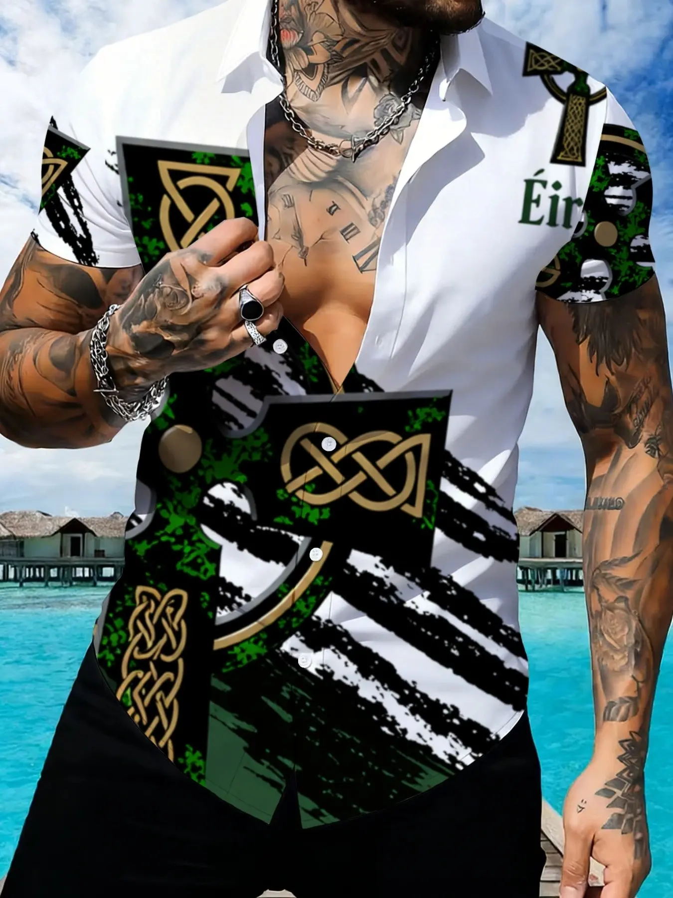 Irish Celtic Knot Shield Print Short Sleeve Shirt, Men's Casual Slim-Fit Top, All-Over Print, Trendy and Comfortable, Perfect for Daily Wear, Casual Summer Shirt