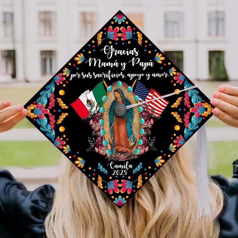 Personalized Gracias Mamá y Papá Guadalupe Printed Grad Cap Topper, Mexican Grad Cap Topper, Latin Graduation Decoration, Class of 2025