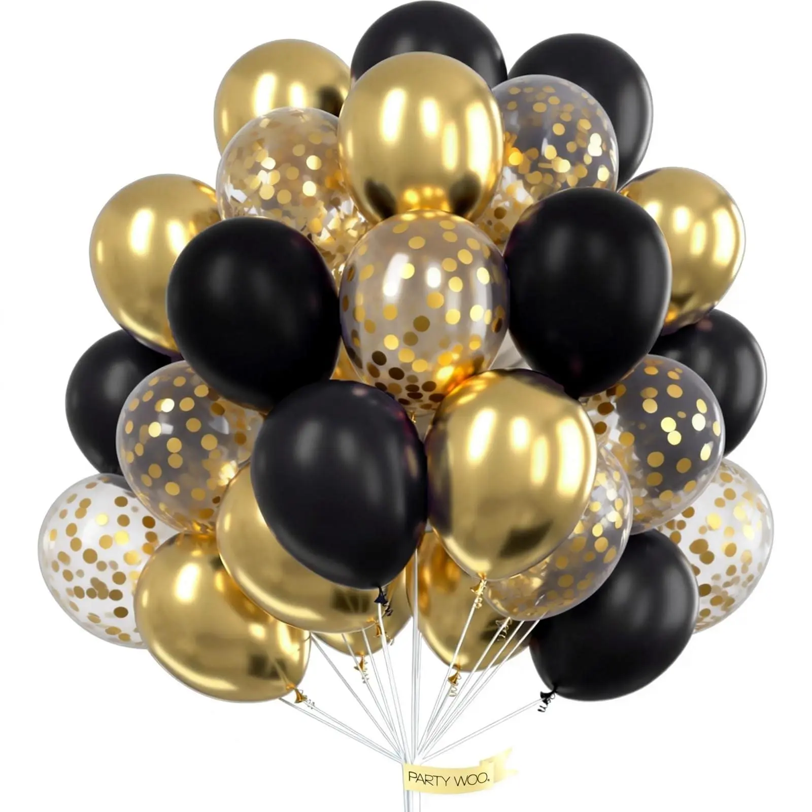 PartyWoo 100pcs 12in Round Gold and Black Blow Up Balloons - Floatable Balloon Party Supplies for Happy Birthday, Wedding Decorations