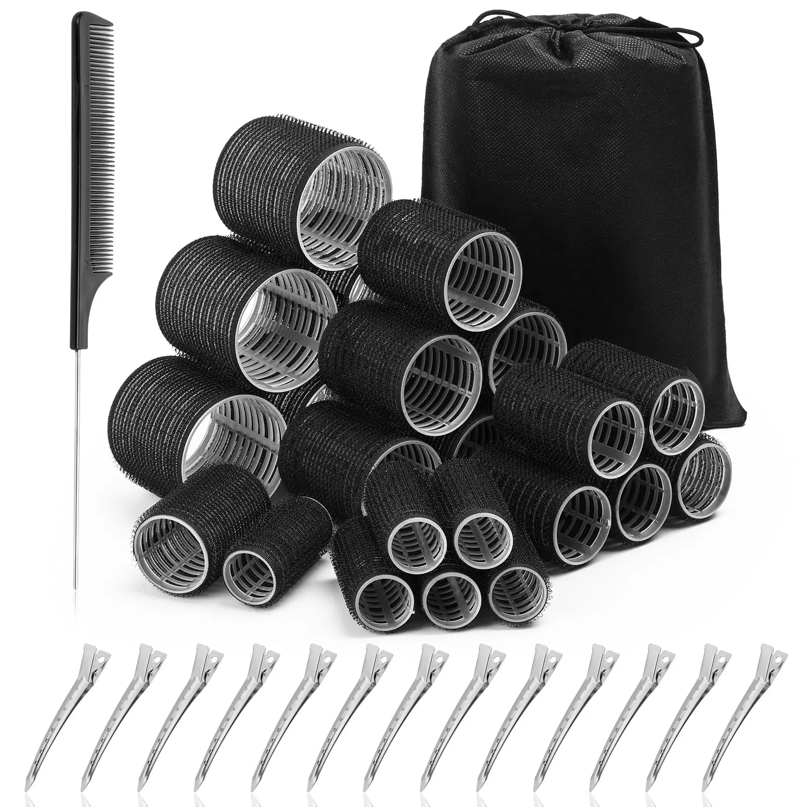 Hair Rollers For Blowout Look  38 Self Grip Set With 4 Sizes 12 Clips Comb And Storage Bag Volume (black)