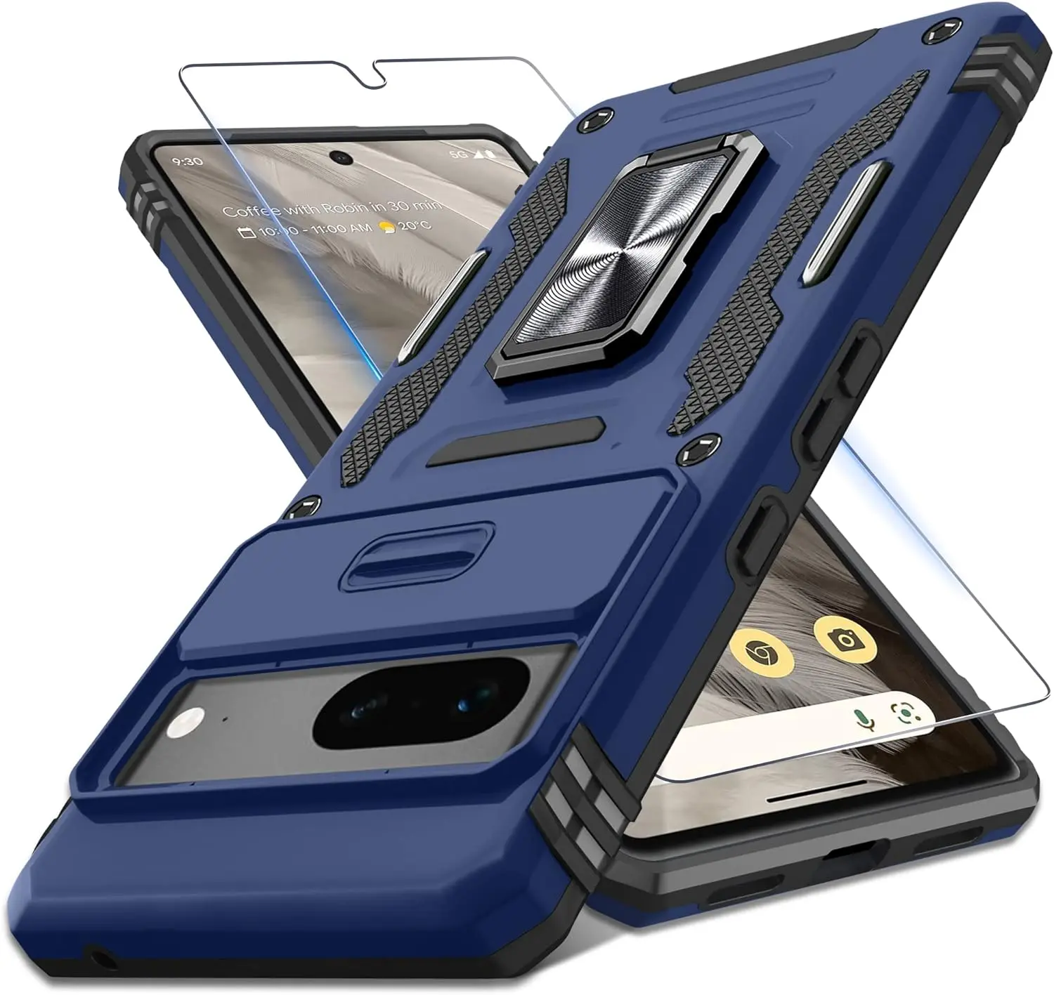 for Pixel 7 Case,Google Pixel 7 Case with Slide Camera Cover+Screen Protector (1 Pack),[Camera Protection] [Magnetic Rotate Kickstand] Military Grade Shockproof Heavy Duty Protective Cover-Navy Blue