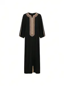Men's Long Sleeve Shirt Casual Muslim Embroidered Thobe Traditional Arabic Robe, Comfortable and Stylish, Perfect for Daily Wear, High-Quality Fabric