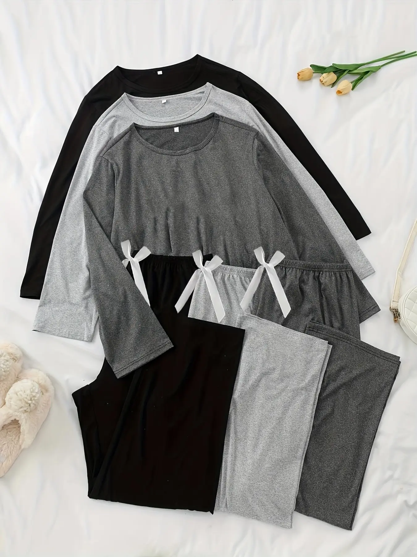 Women's Three-Piece Basic Solid Color Long Sleeve Pajama Set with Pants, Lounge Pajamas, Comfortable Fitted Sleepwear and Loungewear for Women, Casual Homewear, Perfect for Relaxing Nights Pjs, Pajama Outfit, Nightwear Lounge Set, Pajama Lounge Sets