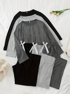 Women's Three-Piece Solid Color Long Sleeve Pajama Set, Comfortable Fitted Sleepwear and Loungewear for Women, Casual Home Wear, Perfect for Relaxing Nights
