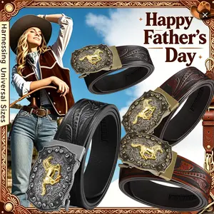 Father's Day Men’s Western Cowboy Style Men Leather Automatic Ratchet Belt With Distressed Silver Buckle And Gold Embossed Horse, Exquisite Floral Embossed Belt Strap, Perfect Gift For Valentine's Day And Father's Day