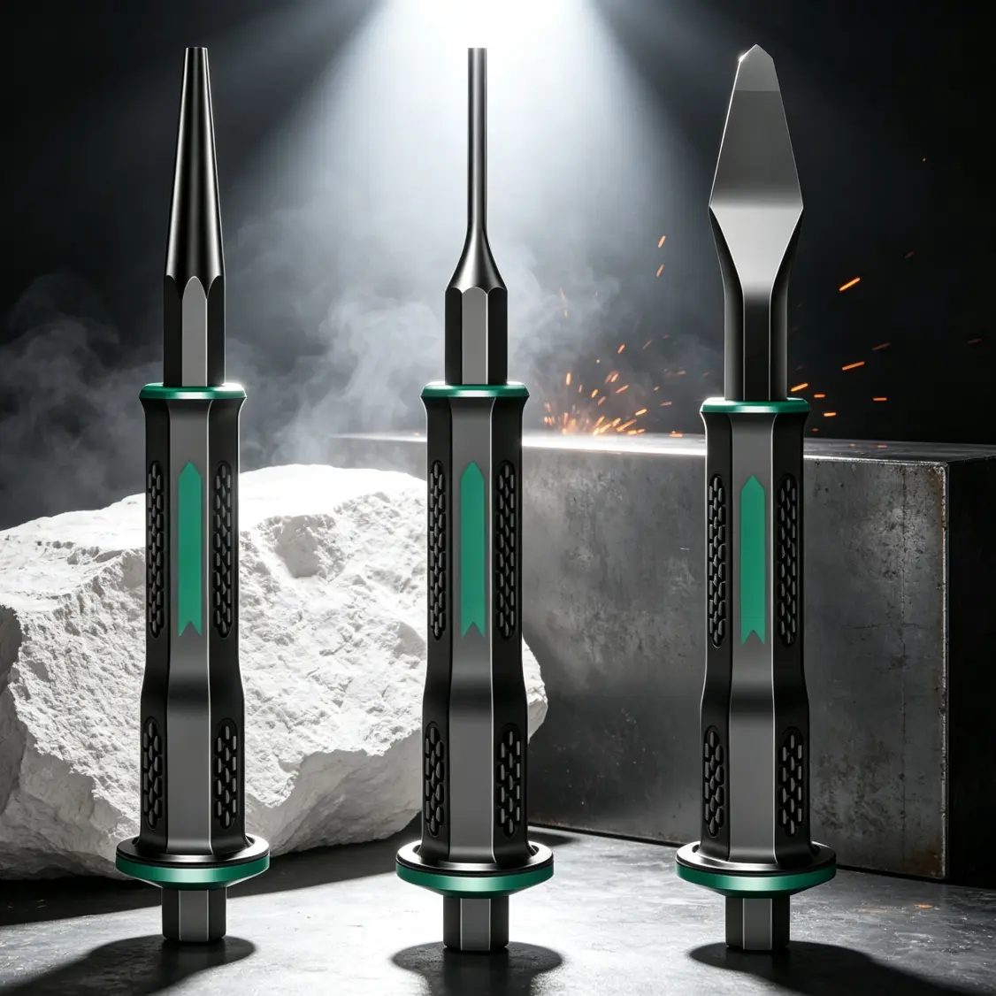 3-Pieces Heavy-Duty Masonry Chisel Punch Set, Chrome-Vanadium Steel Hand Chisels with Forged Blade, High Hardness Quenched Sharp Cutting Edge, Shockproof Grip Safety Guard, for Metal/Concrete Breaking, Industrial Grooving