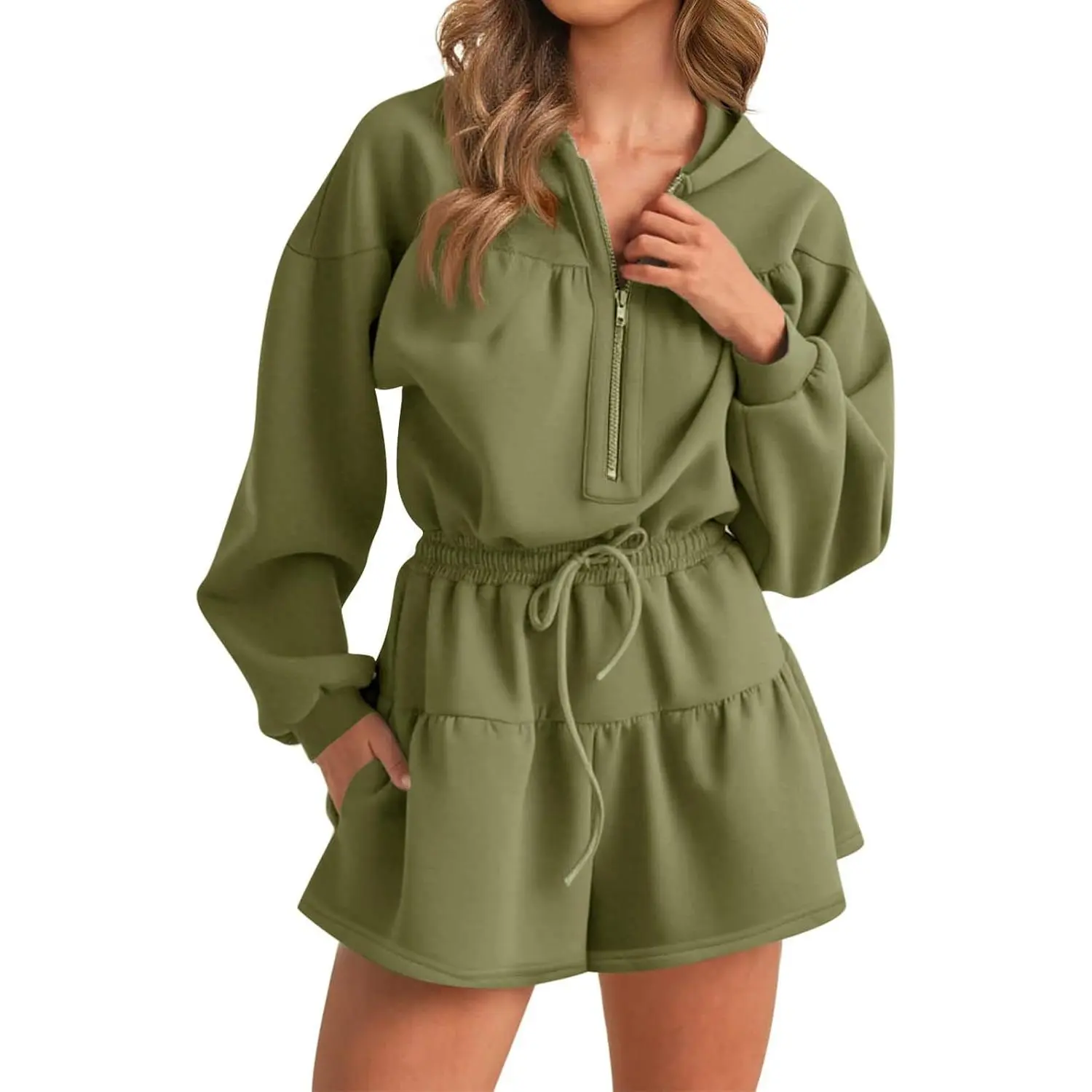 PASLTER Womens Rompers Casual One Piece Outfits Half Zip Long