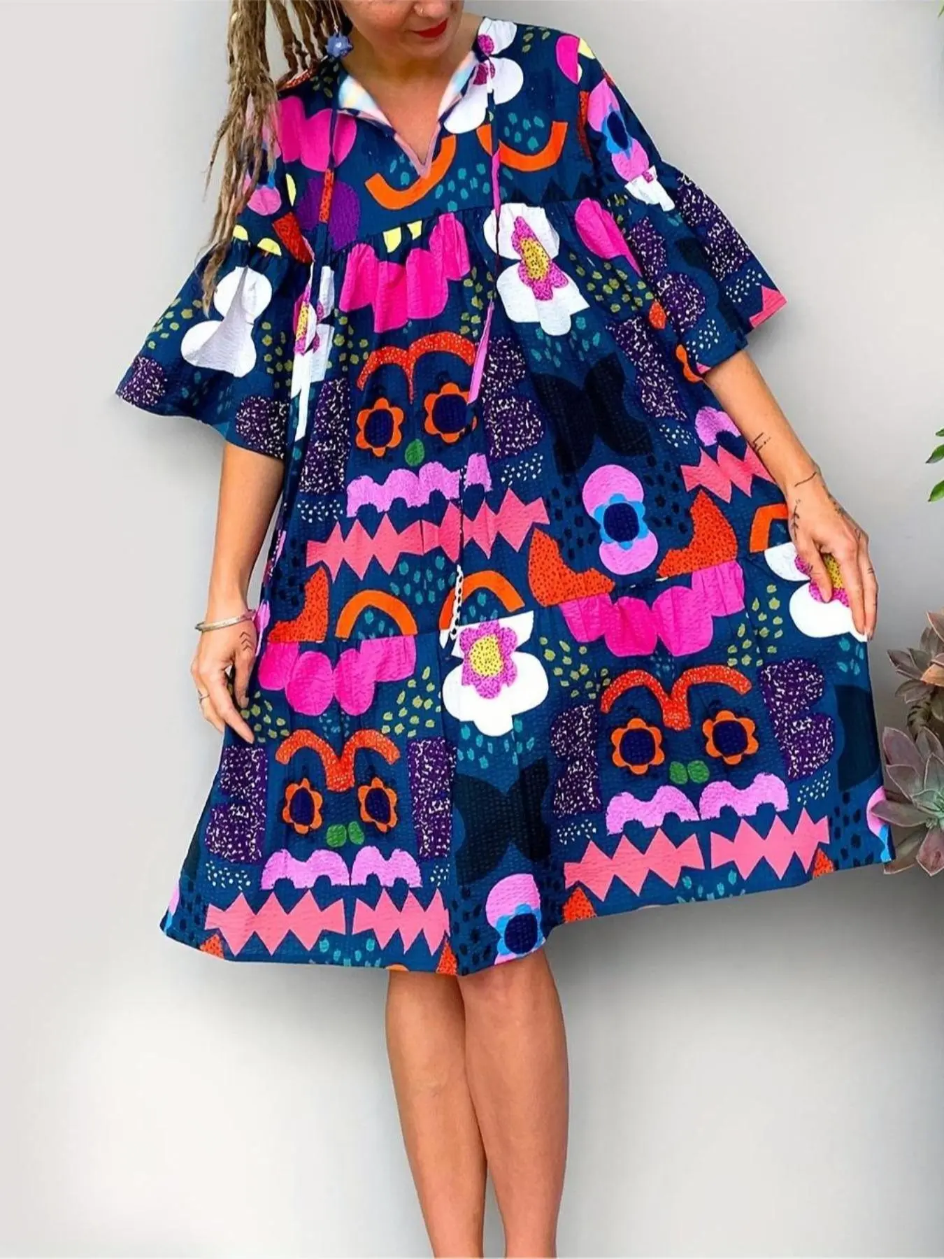 Plus All Over Print Tie Neck Flounce Sleeve Woven Tunic Fit Dress, Womenswear Boho Bohemian Casual Half Sleeve Dress for Spring & Summer, Women's Clothes