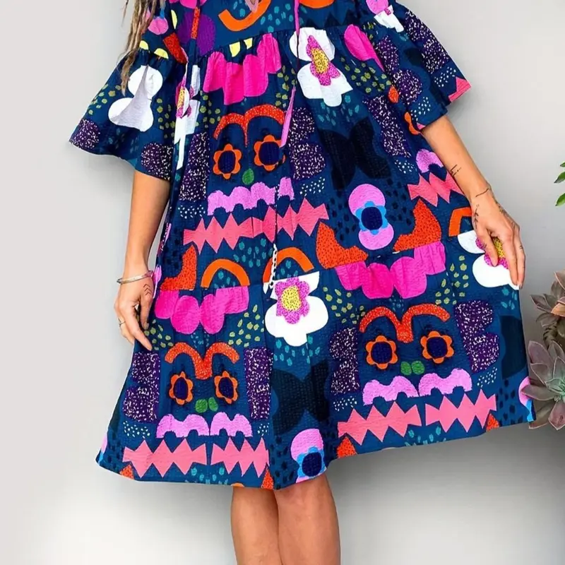 Plus All Over Print Tie Neck Flounce Sleeve Woven Tunic Fit Dress, Womenswear Boho Bohemian Casual Half Sleeve Dress for Spring & Summer, Women's Clothes