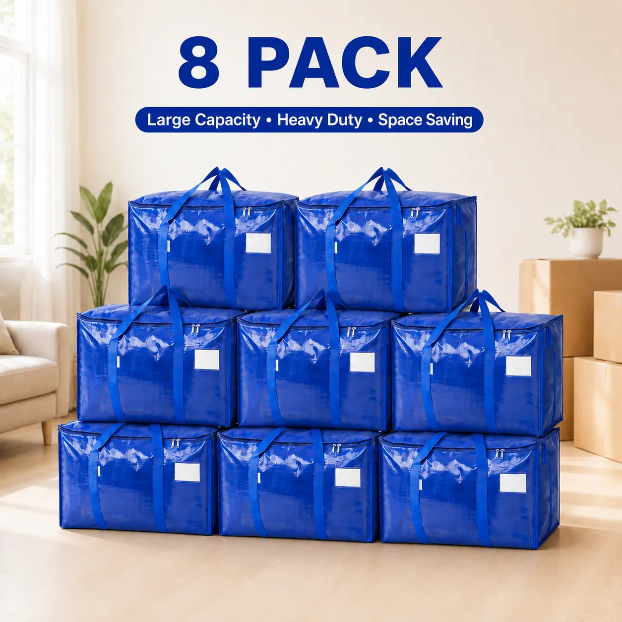 8 Pack Extra Large Moving Storage Bags Heavy Duty with Zippers, Strong Carrying Handles and Clear Tag Pocket, Foldable Reusable Packing Totes for Clothes,Comforters and Dorm Essentials, Water-Resistant Organizer Bags for Moving, Camping and Closet Storage
