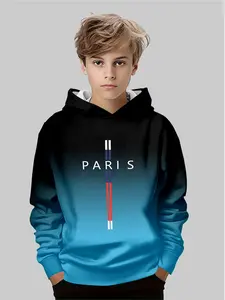 Paris City Theme Kids Hoodie, Blue Gradient Trendy Top, Urban Culture Fashion Design, Long Sleeve Fitted Style Casual Fall & Winter