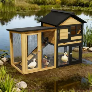 Weatherproof Duck Coop and Wire Mesh Run,Wooden Backyard Duck Hutch with Nesting Box and Tray for 3 Ducks,Yellow