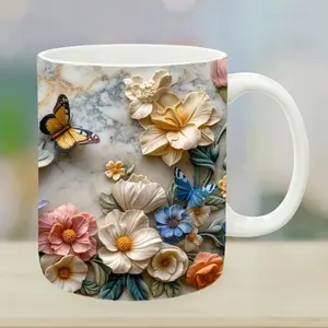3D Spring Garden Textured Floral 11oz & 15oz Mug, Realistic Puffy Flower Embroidery Texture, Luxury 3D Inflated Botanical Wrap, Heartwarming Mother's Day Gift Idea, Unique Sculpted Floral Art for Coffee Mugs