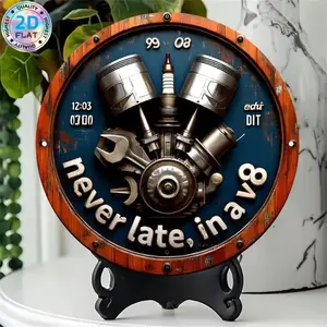 2D Flat Retro V8 Engine Metal Wall Plaque - Rustic Blue & Orange Garage Decor