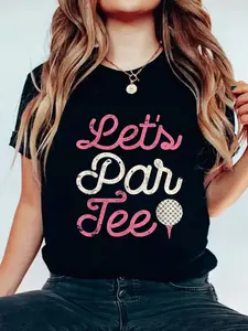 Let's Par Tee Funny Golf Shirt Golfer Girl Women Party Team T-Shirt Graphic Print, Round Neck, Short Sleeves, Stretch Fabric, Summer Top