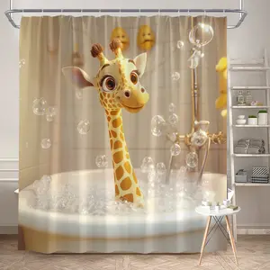 1Pc Giraffe Fun Shower Curtain Polyester Fabric Bathroom Decor Cartoon Animal Design Tub Divider Hanging Curtain 70.8x70.8 Inch with 12 Hooks for Kids Bathroom