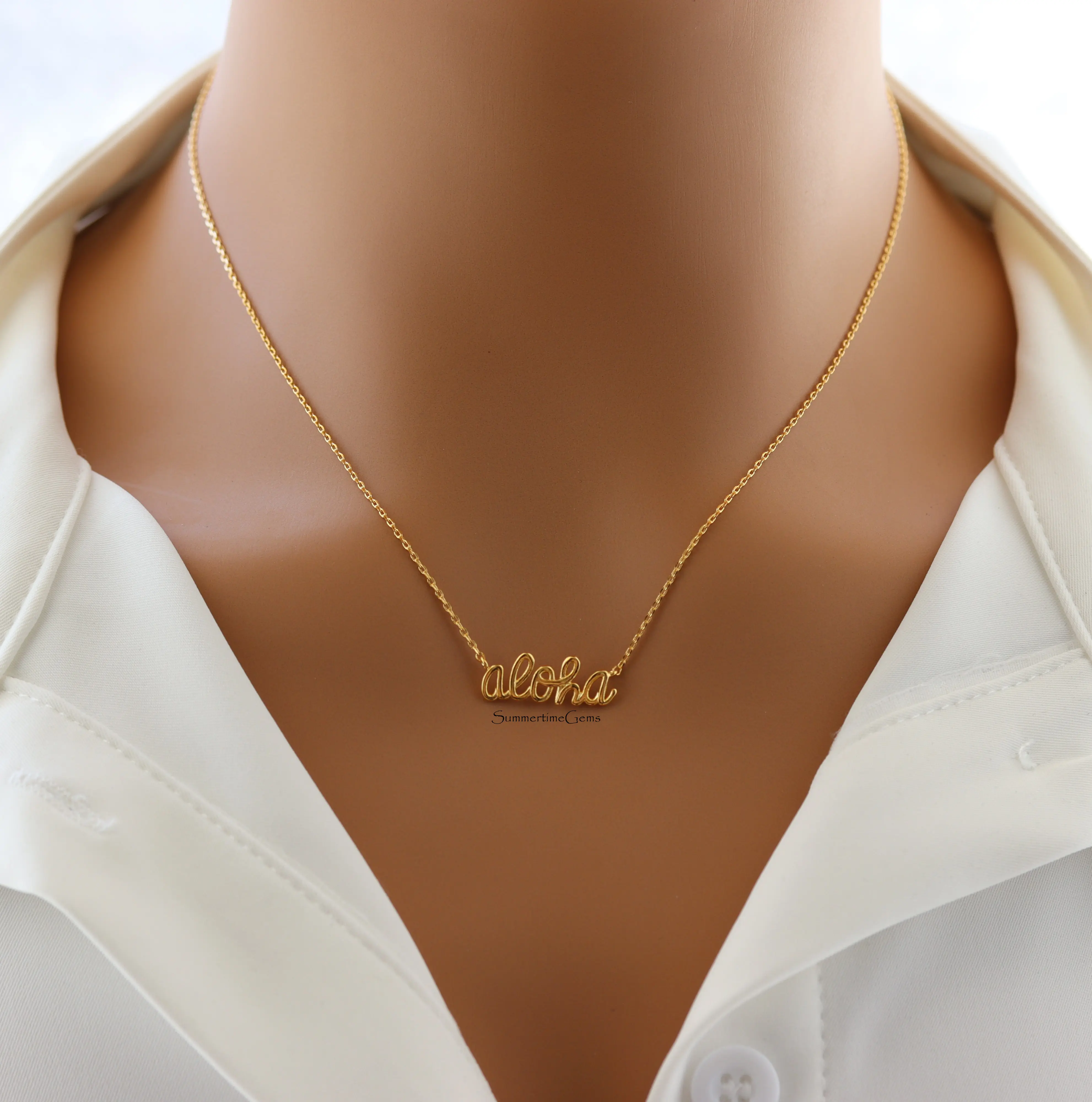 18K Gold Plated Dainty Handwritten “Aloha” Necklace – Hawaiian-Inspired Minimalist Jewelry
