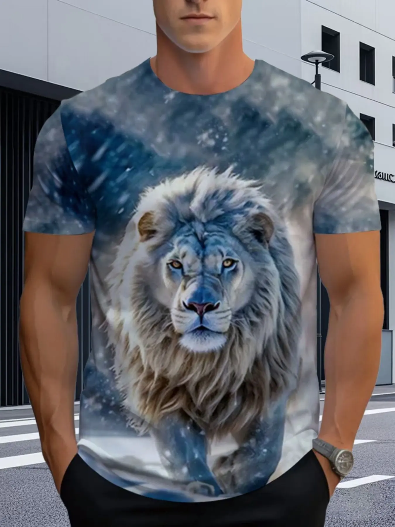 Men's 3D High-Quality Lion Print T-Shirt for Casual Wear, Ideal for Home, Office Restaurant Use, Made of Soft High-quality Fabric, Features Durable Design with Comfortable Fit in Gray Color, Perfect for Everyday Activities and Special Occasions