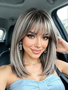 14-Inch Gradient Bangs Bob Wig, Natural Straight Synthetic Hair, Heat-Resistant Material, Daily Wear for Women, Natural Looking Wig