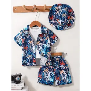 Boys Summer Vacation Outfit 3 Piece Set Tropical Palm Tree Pattern Collared Shirt Shorts Portable Hat Lightweight Comfortable Outdoor Clothing