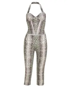 Women's Fashion Two-Piece Set, Trendy Snake Skin Print Halter Neck Sleeveless Top + Long Pants, Slim-Fit Draped Design, Full Print Style, Summer Set