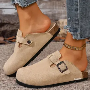 Women's Retro Suede Mules Slippers Comfort Cork Footbed Slip-On Clogs Sandals with Buckle Detail Indoor Outdoor Shoes Springfresh