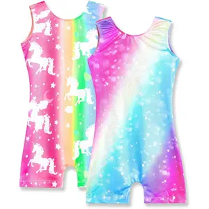 KF5-GCS039  2 Packs Gymnastics Leotard for Girls Sparkle Biketards with Shorts Kids Sleeveless Unitard One-Piece Dancewear