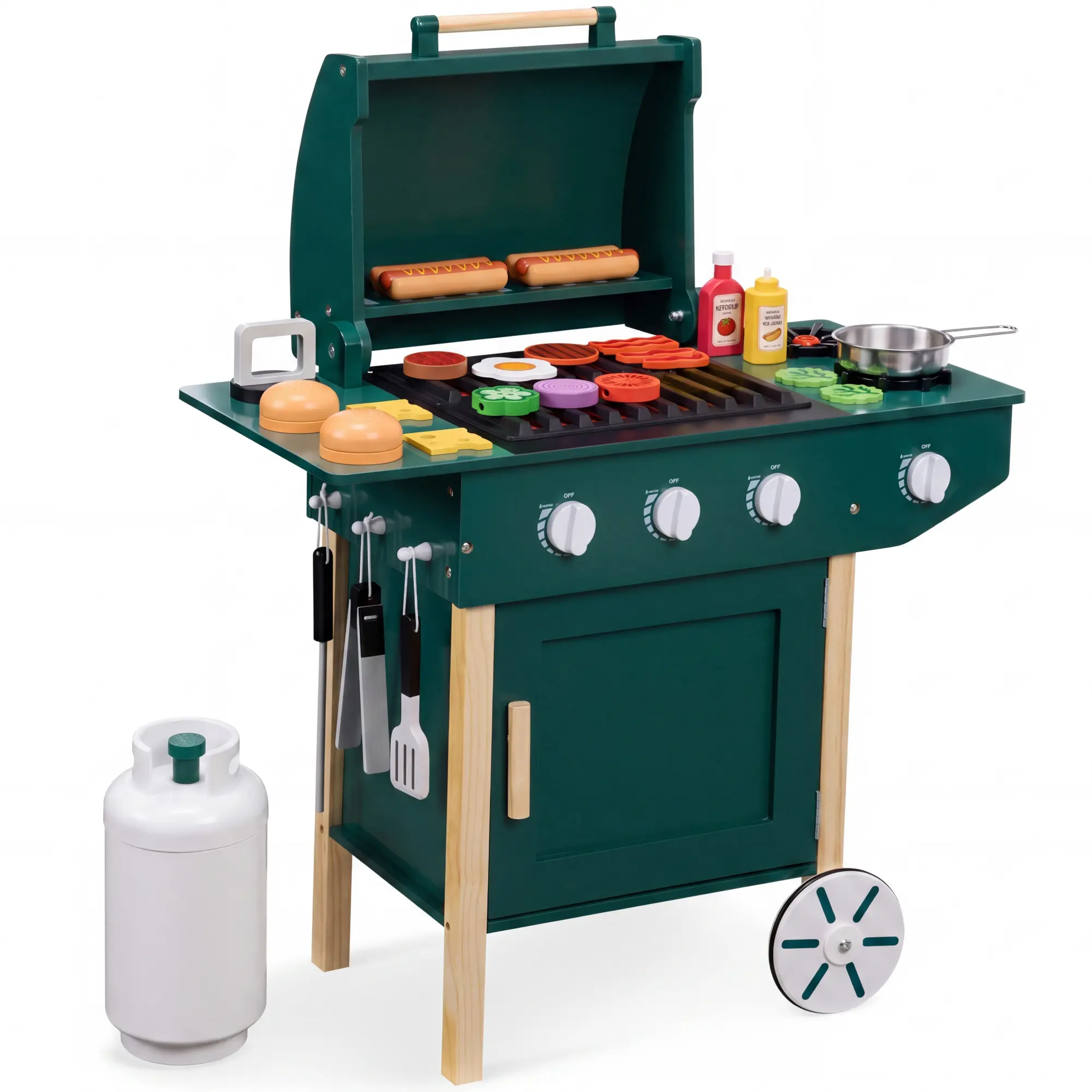 Best Choice Products Kids Wooden BBQ Grill Playset with 28 Accessories, Pretend Outdoor Kitchen Toy w/ Storage - Green