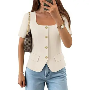 ZESICA Women's Square Neck Short Sleeve Button-Down Crop Blouse - 2026 Spring Summer Trendy Casual Work Vest Top for Women's Suit Outfits