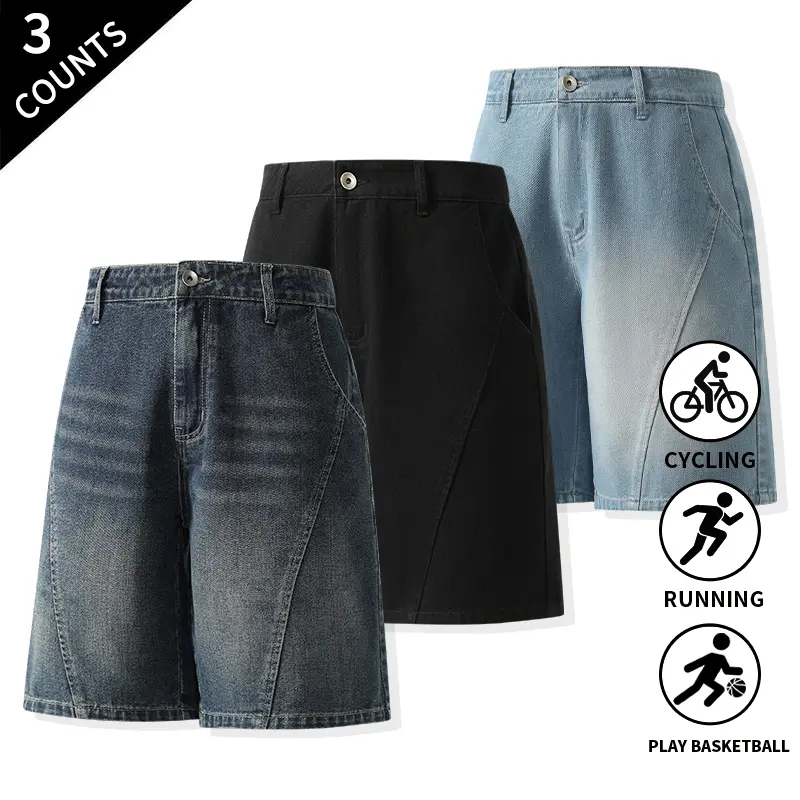 3-Pack Baggy Knee-Length Denim Jorts Unisex Loose Jeans Shorts Casual Athletic Denim Shorts for Cycling, Running, Basketball, Street, Everyday Outfits