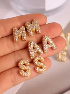 Style Letter Stud Earrings, Zircon Inlay, Brass Plated, Unisex Jewelry, Perfect Valentine's Day Gift