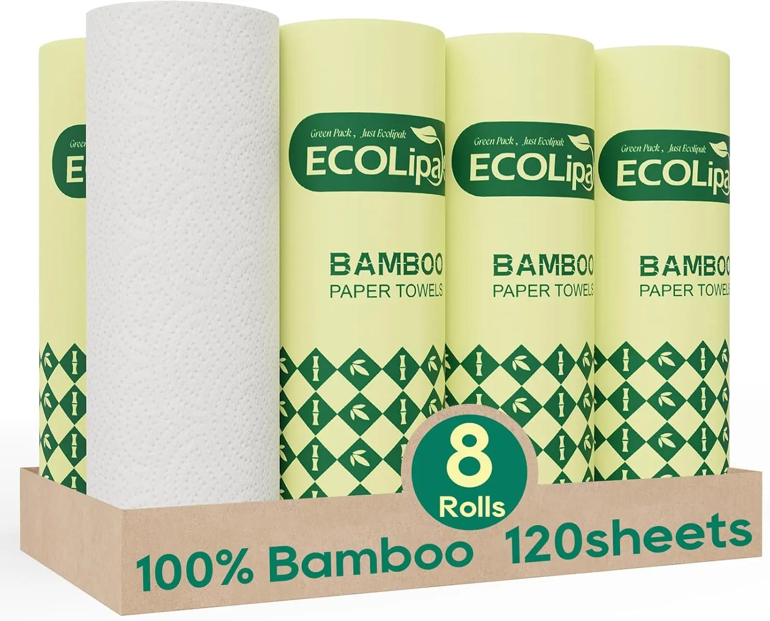 ECOlipak Bamboo Paper Towels, 8 Rolls, 2-Ply, Plastic-Free, Tree-Free, Compostable, Soft & Absorbent, White