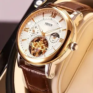 NESUN Men's Automatic Mechanical Watch - Business Chronograph with Skeleton Dial, Golden-Tone Roman Numerals & Date Display, Brown Faux Leather Strap - Luxury Dress Watch for Formal Events, Valentine's Gift for Him, Event Wristwatch | Sturd