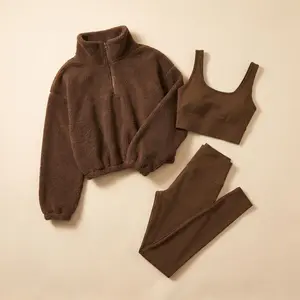 3Pcs Women's Fleece Lounge Set, Cropped Quarter Zip Sweatshirt with Sports Bra & High Waist Legging